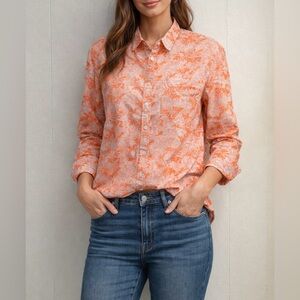 Lands’ End Linen Blend Button Down Shirt L 14-16 Orange Floral